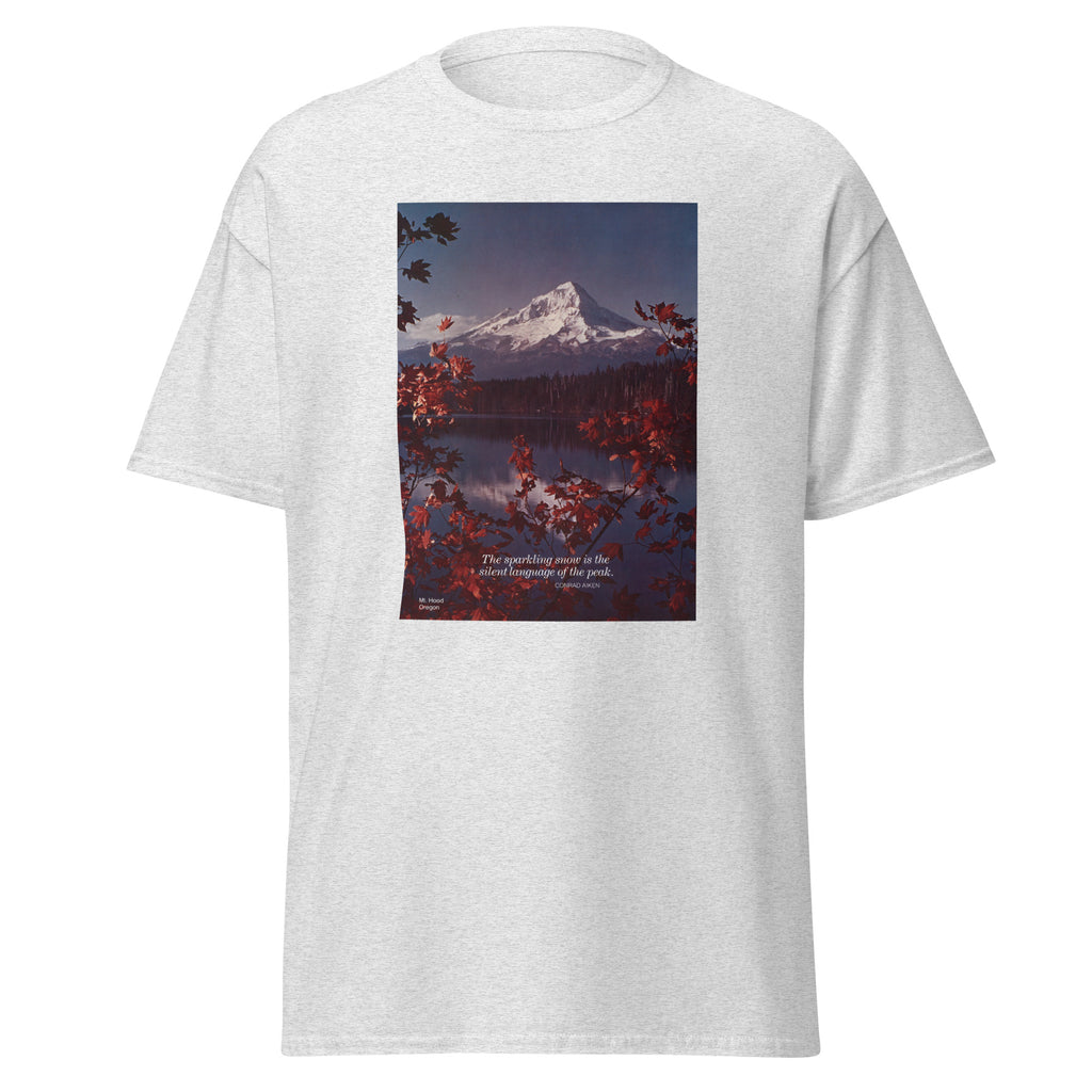 Unisex heather gray t-shirt featuring vintage Mount Hood poster artwork printed across the front
