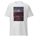 Unisex heather gray t-shirt featuring vintage Mount Hood poster artwork printed across the front