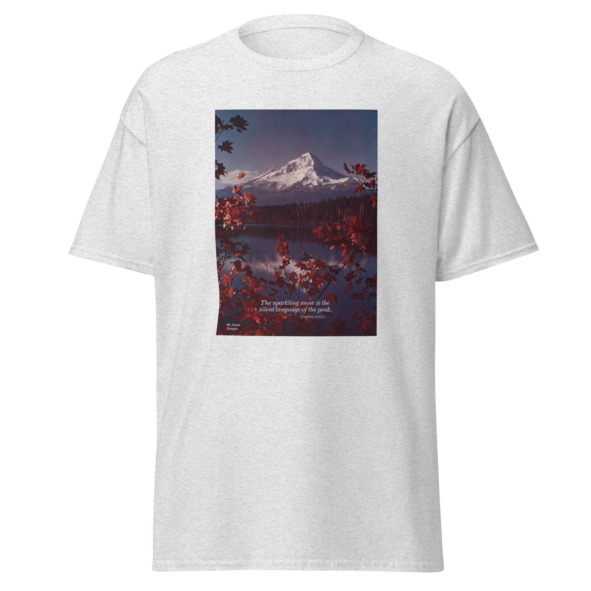 Unisex heather gray t-shirt featuring vintage Mount Hood poster artwork printed across the front