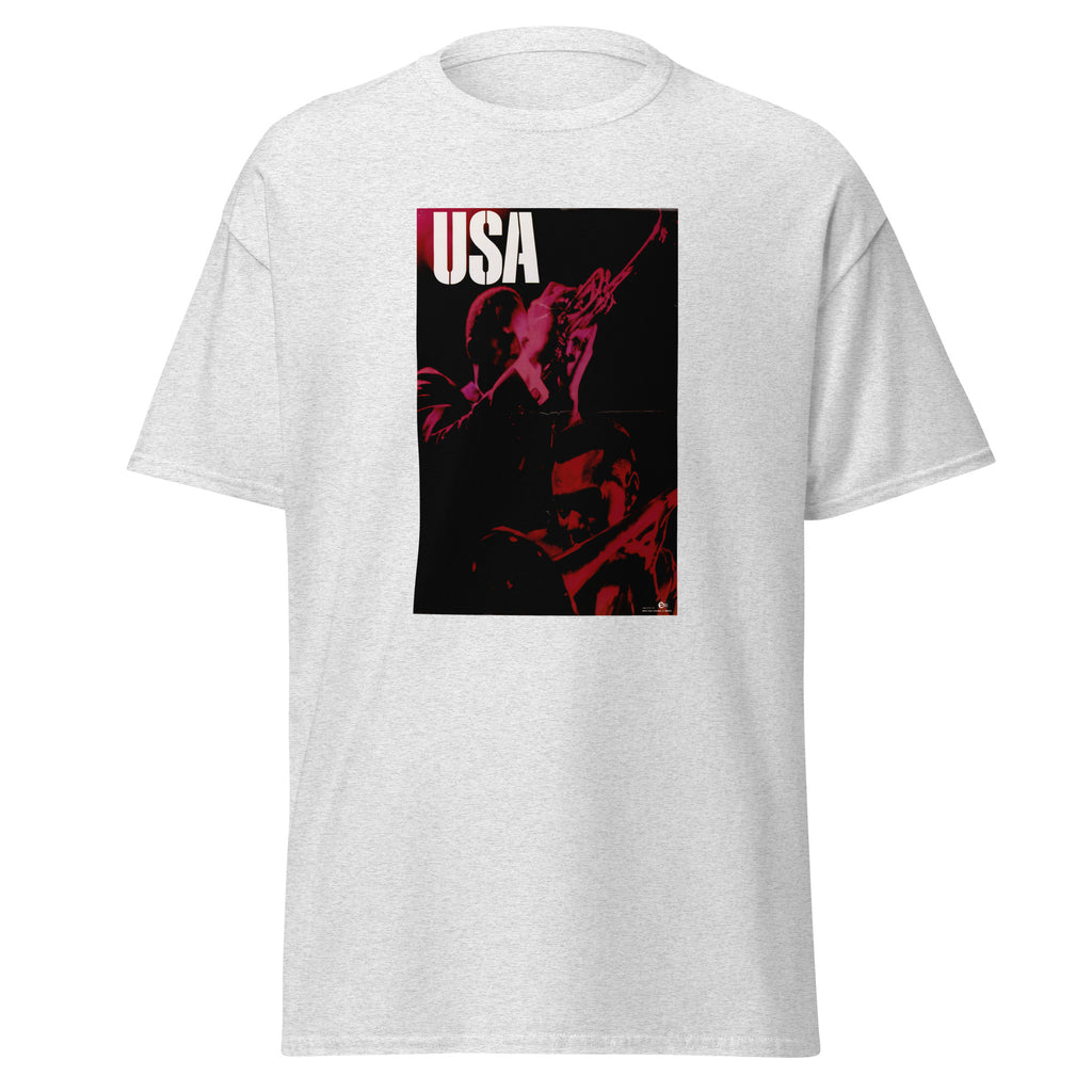 Unisex heather gray t-shirt featuring vintage USA Jazz poster artwork printed across the front