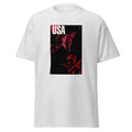 Unisex heather gray t-shirt featuring vintage USA Jazz poster artwork printed across the front