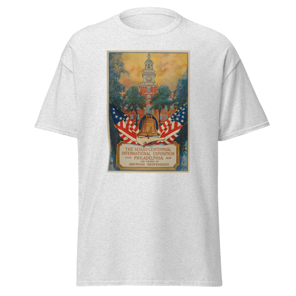 Unisex heather gray t-shirt featuring vintage USA 150th Anniversary poster artwork printed across the front