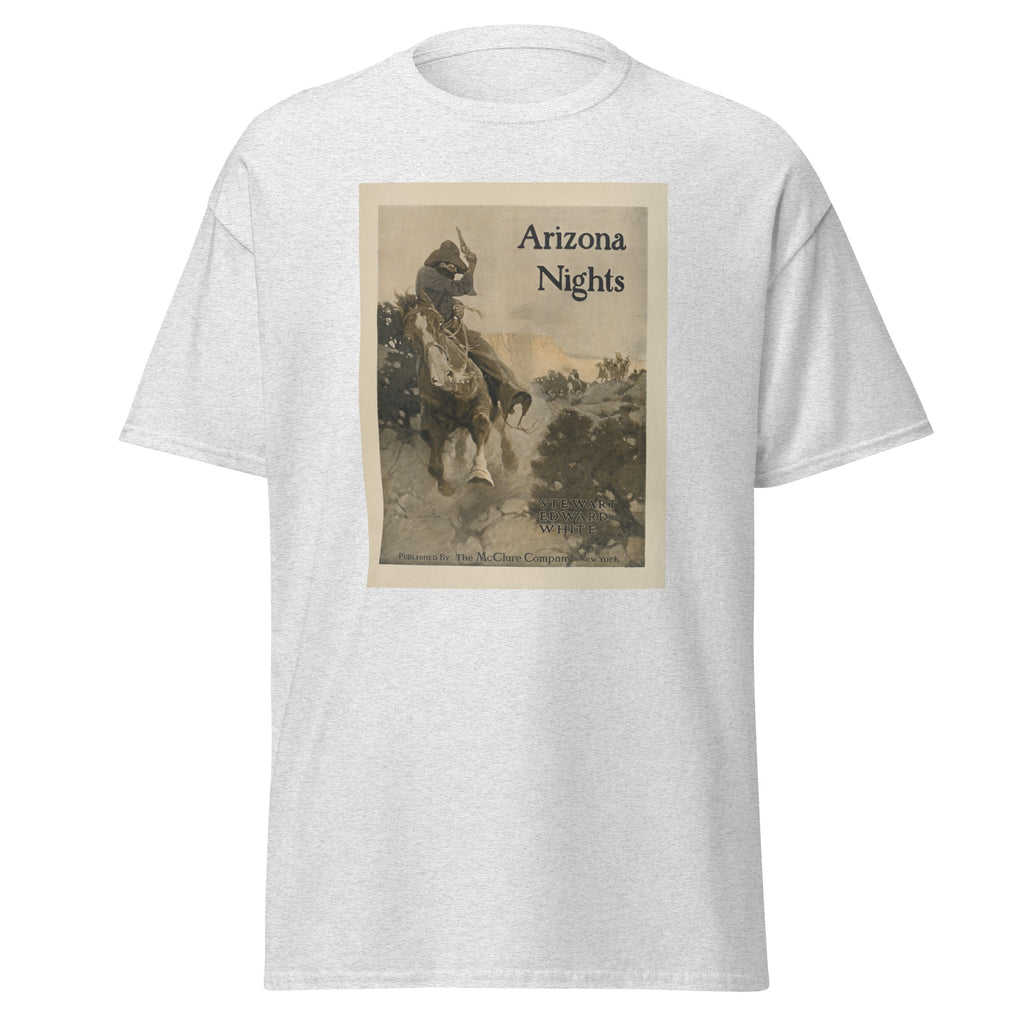 Unisex black t-shirt featuring vintage Arizona Nights poster artwork printed across the front