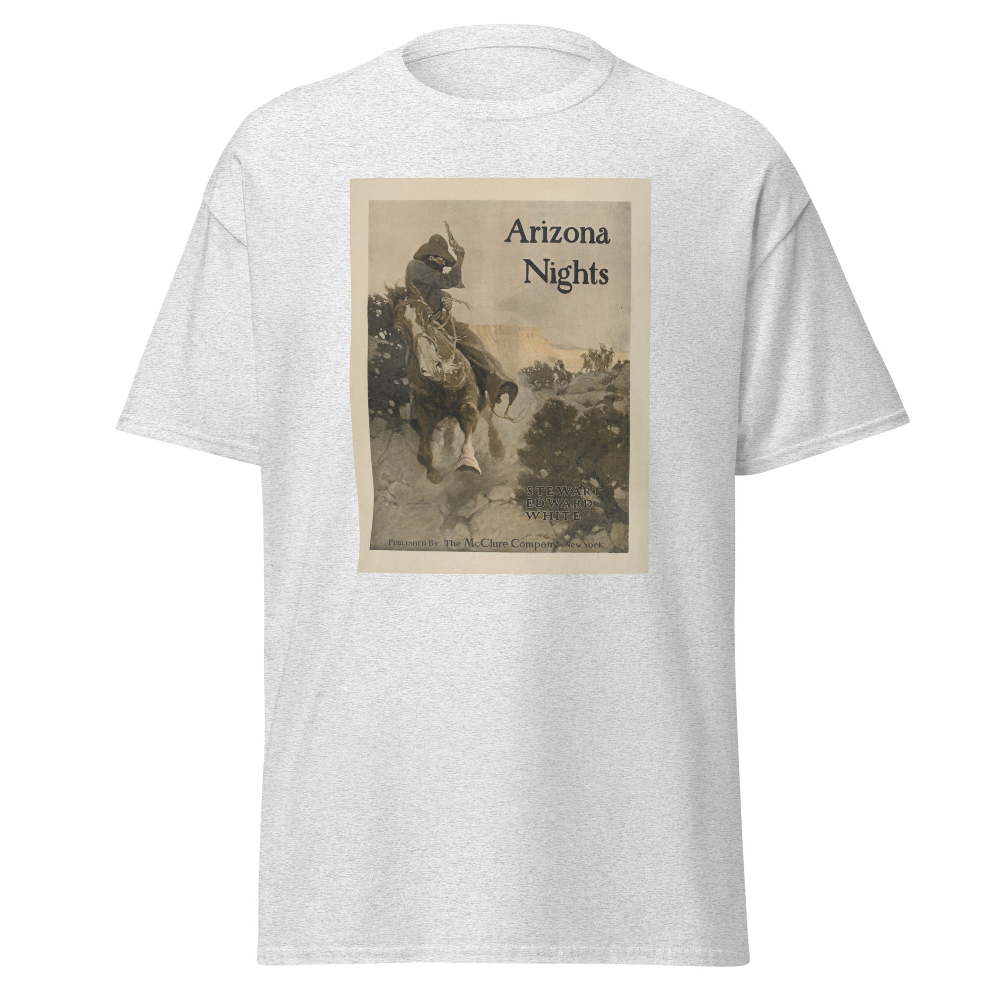 Unisex black t-shirt featuring vintage Arizona Nights poster artwork printed across the front
