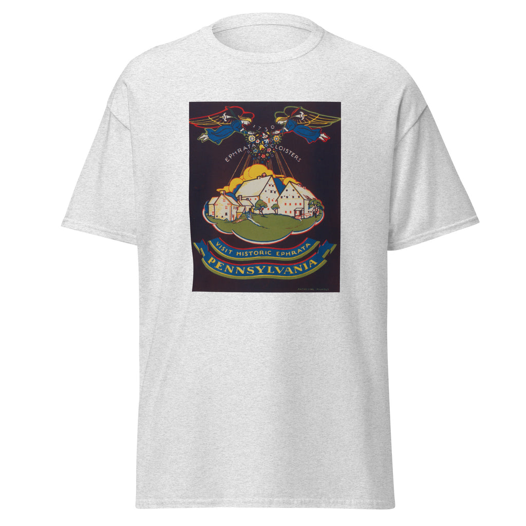 Unisex heather gray t-shirt featuring vintage Ephrata Cloisters poster artwork printed across the front