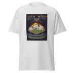 Unisex heather gray t-shirt featuring vintage Ephrata Cloisters poster artwork printed across the front