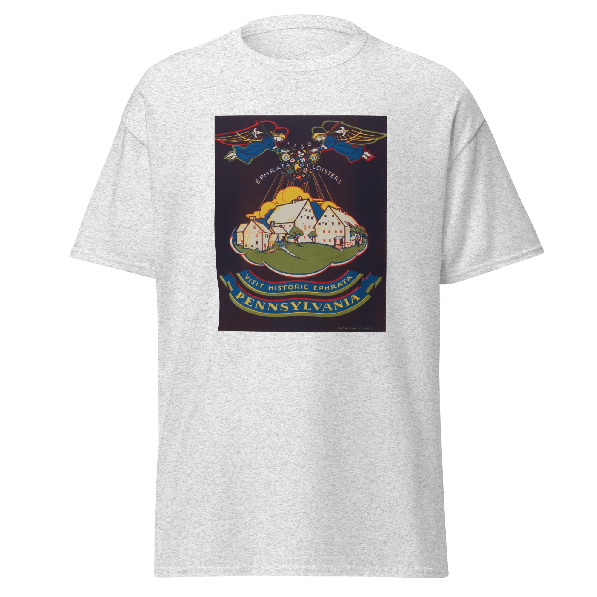 Unisex heather gray t-shirt featuring vintage Ephrata Cloisters poster artwork printed across the front