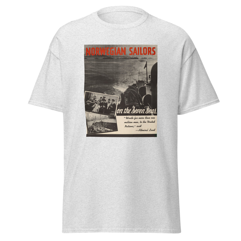 Unisex black t-shirt featuring vintage Norwegian Sailors poster artwork printed across the front