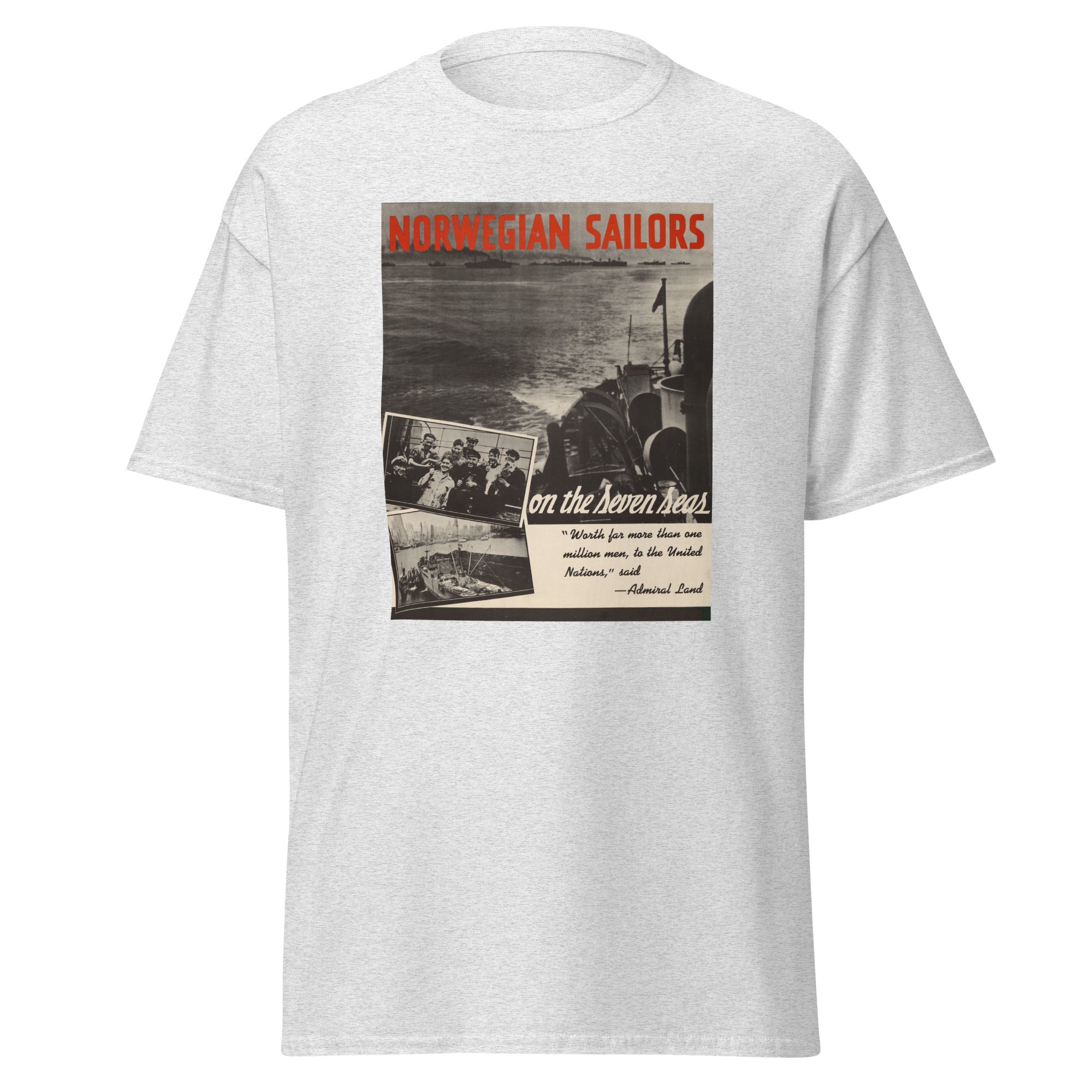 Unisex black t-shirt featuring vintage Norwegian Sailors poster artwork printed across the front
