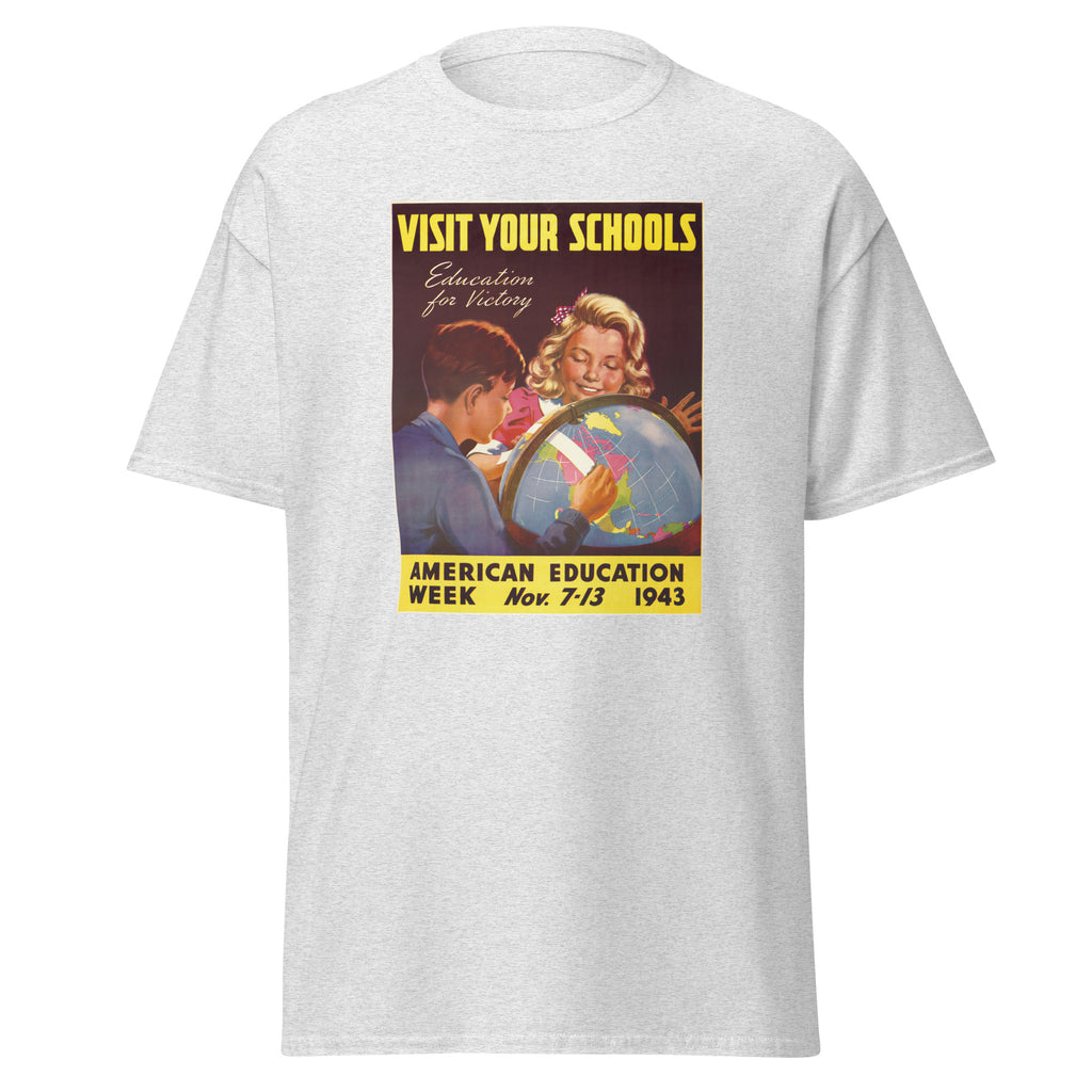 Unisex heather gray t-shirt featuring vintage Education for Victory poster artwork printed across the front