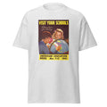 Unisex heather gray t-shirt featuring vintage Education for Victory poster artwork printed across the front