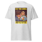 Unisex heather gray t-shirt featuring vintage Education for Victory poster artwork printed across the front