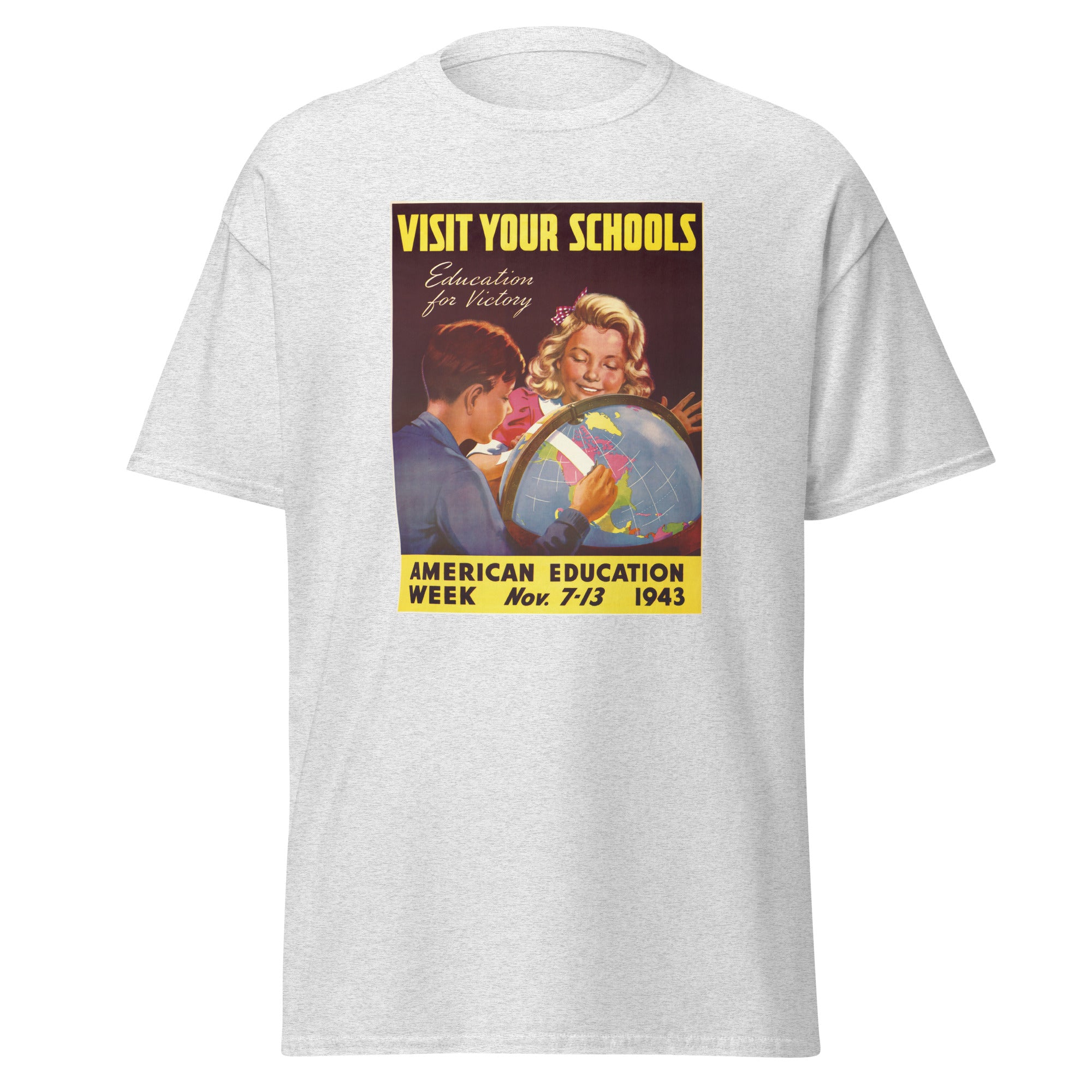 Unisex heather gray t-shirt featuring vintage Education for Victory poster artwork printed across the front