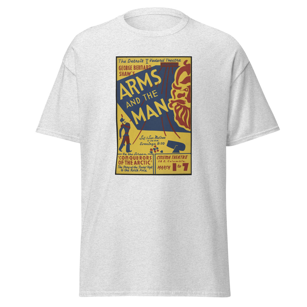 Unisex black t-shirt featuring vintage Arms and the Man poster artwork printed across the front