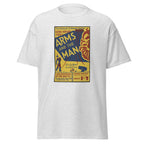 Unisex black t-shirt featuring vintage Arms and the Man poster artwork printed across the front