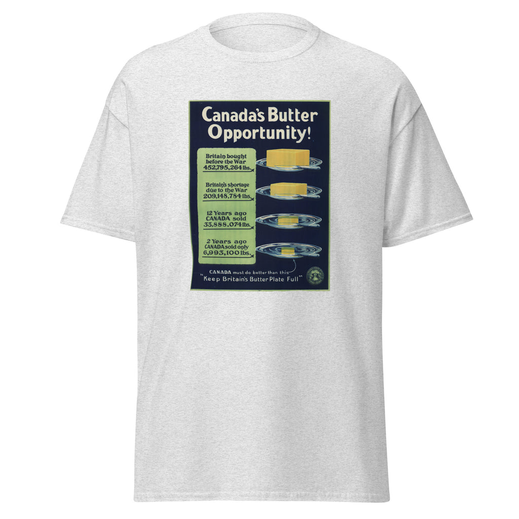 Unisex black t-shirt featuring vintage Canada Butter Vintage poster artwork printed across the front