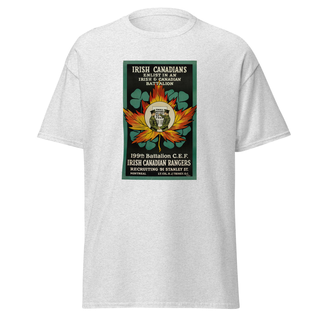 Unisex black t-shirt featuring vintage Irish Canadian Recruitment poster artwork printed across the front