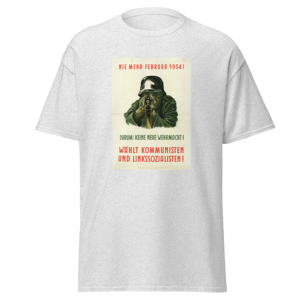Unisex heather gray t-shirt featuring vintage Wermacht Recruitment poster artwork printed across the front