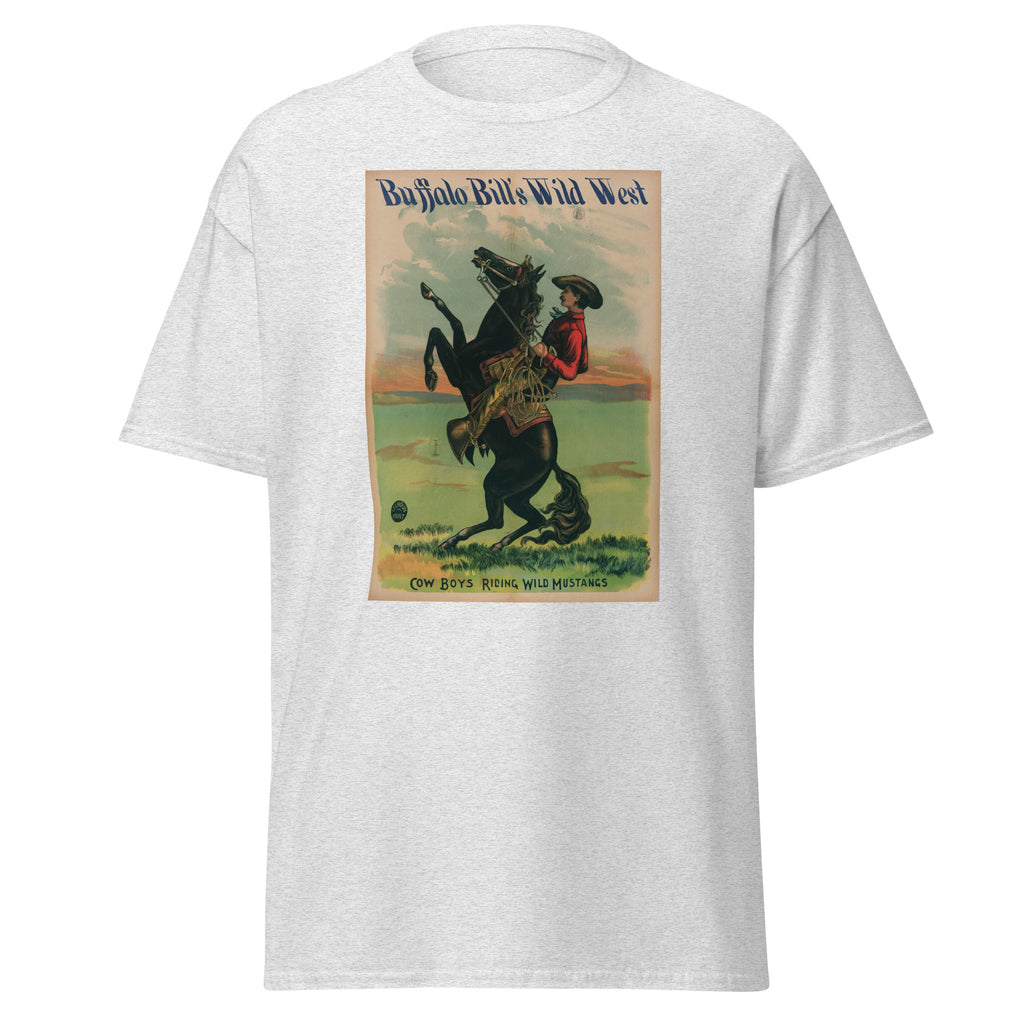 Unisex heather gray t-shirt featuring vintage Buffalo Bill poster artwork printed across the front