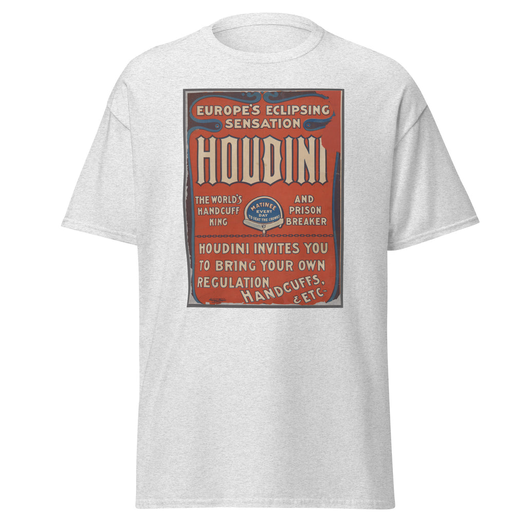 Unisex heather gray t-shirt featuring vintage Houdini Vintage poster artwork printed across the front