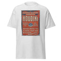 Unisex heather gray t-shirt featuring vintage Houdini Vintage poster artwork printed across the front