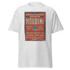 Unisex heather gray t-shirt featuring vintage Houdini Vintage poster artwork printed across the front