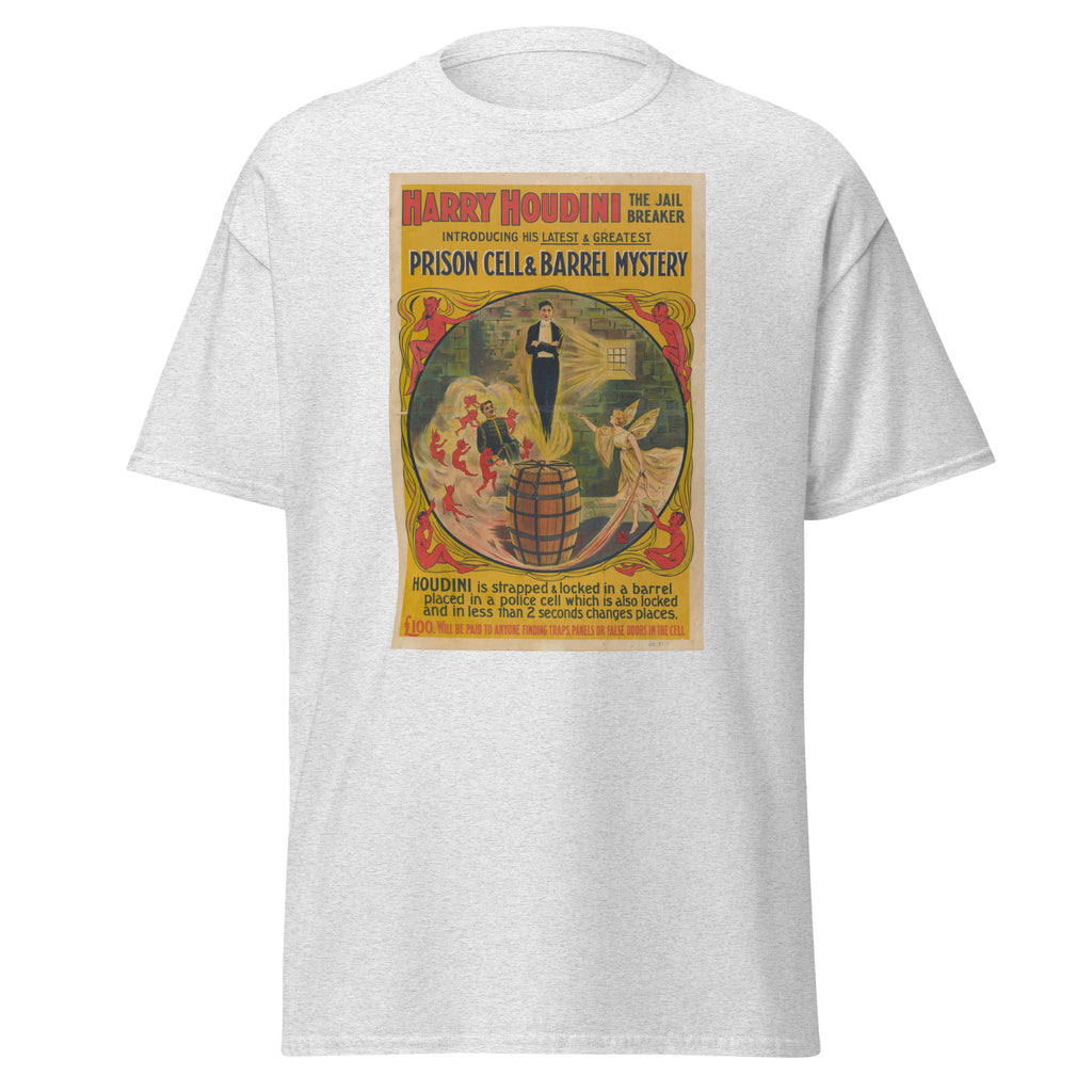 Unisex heather gray t-shirt featuring vintage Houdini Jail Breaker poster artwork printed across the front