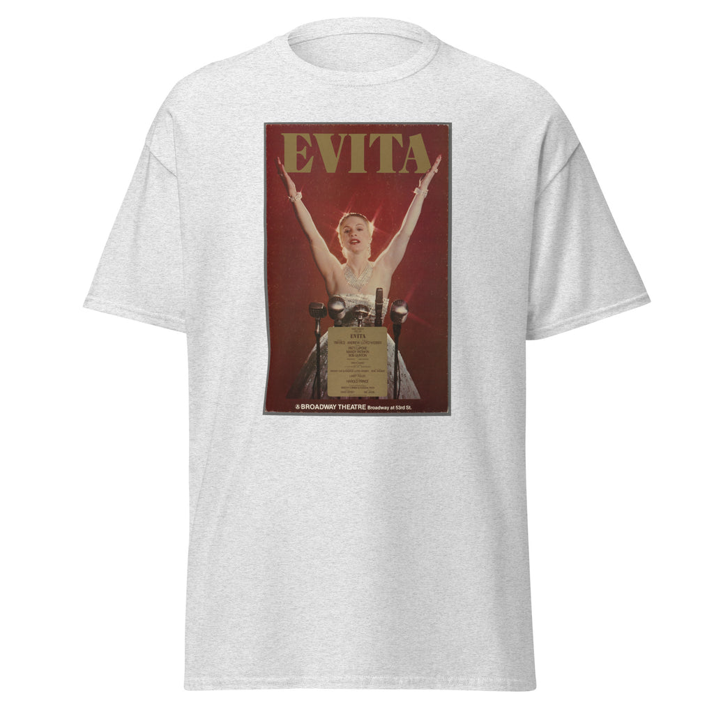 Unisex heather gray t-shirt featuring vintage Evita Broadway poster artwork printed across the front