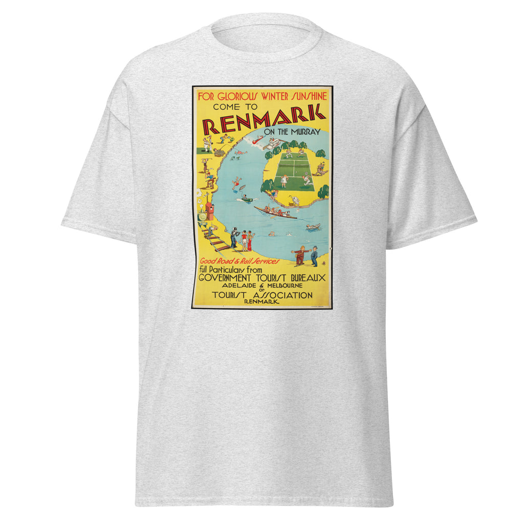 Unisex black t-shirt featuring vintage Renmark South Australia Vintage poster artwork printed across the front