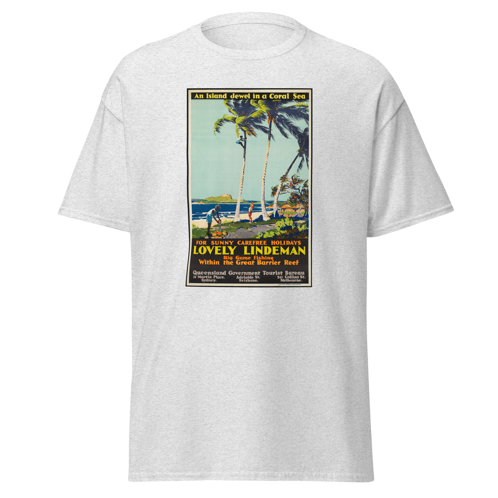 Unisex heather gray t-shirt featuring vintage Lindeman Vintage poster artwork printed across the front