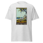Unisex heather gray t-shirt featuring vintage Lindeman Vintage poster artwork printed across the front