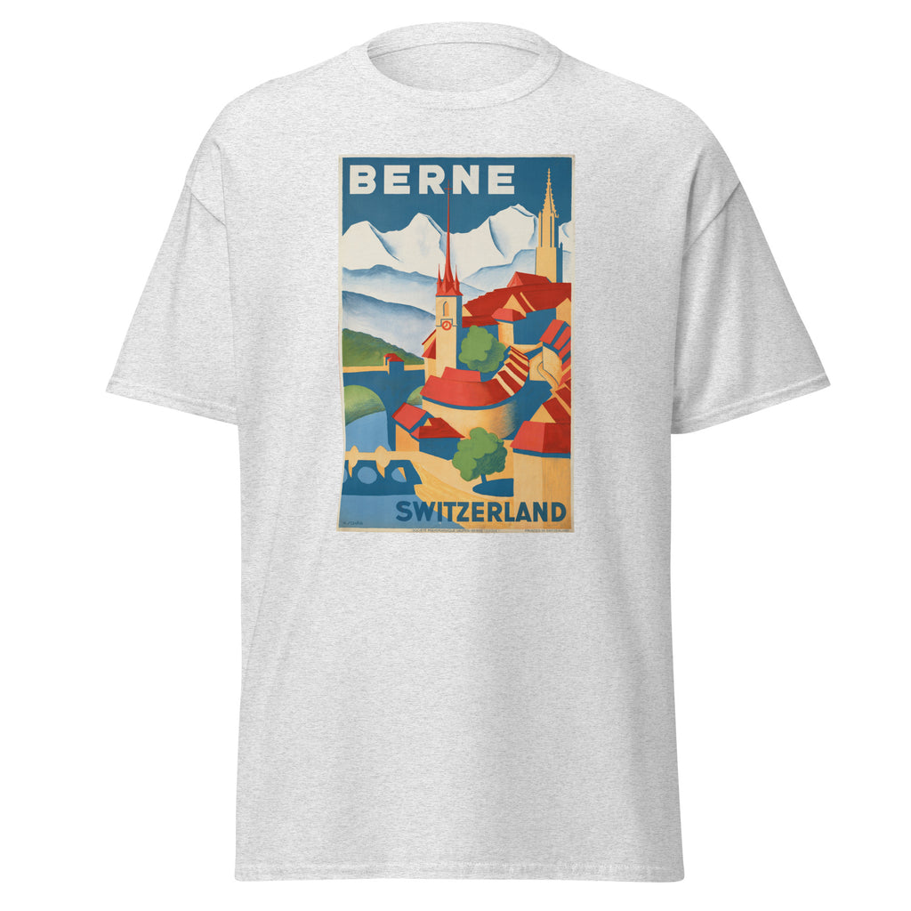 Unisex black t-shirt featuring vintage Berne Switzerland Vintage poster artwork printed across the front