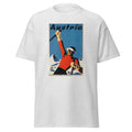 Unisex heather gray t-shirt featuring vintage Austria Travel Vintage poster artwork printed across the front