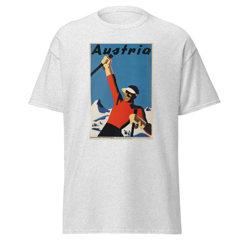 Unisex heather gray t-shirt featuring vintage Austria Travel Vintage poster artwork printed across the front