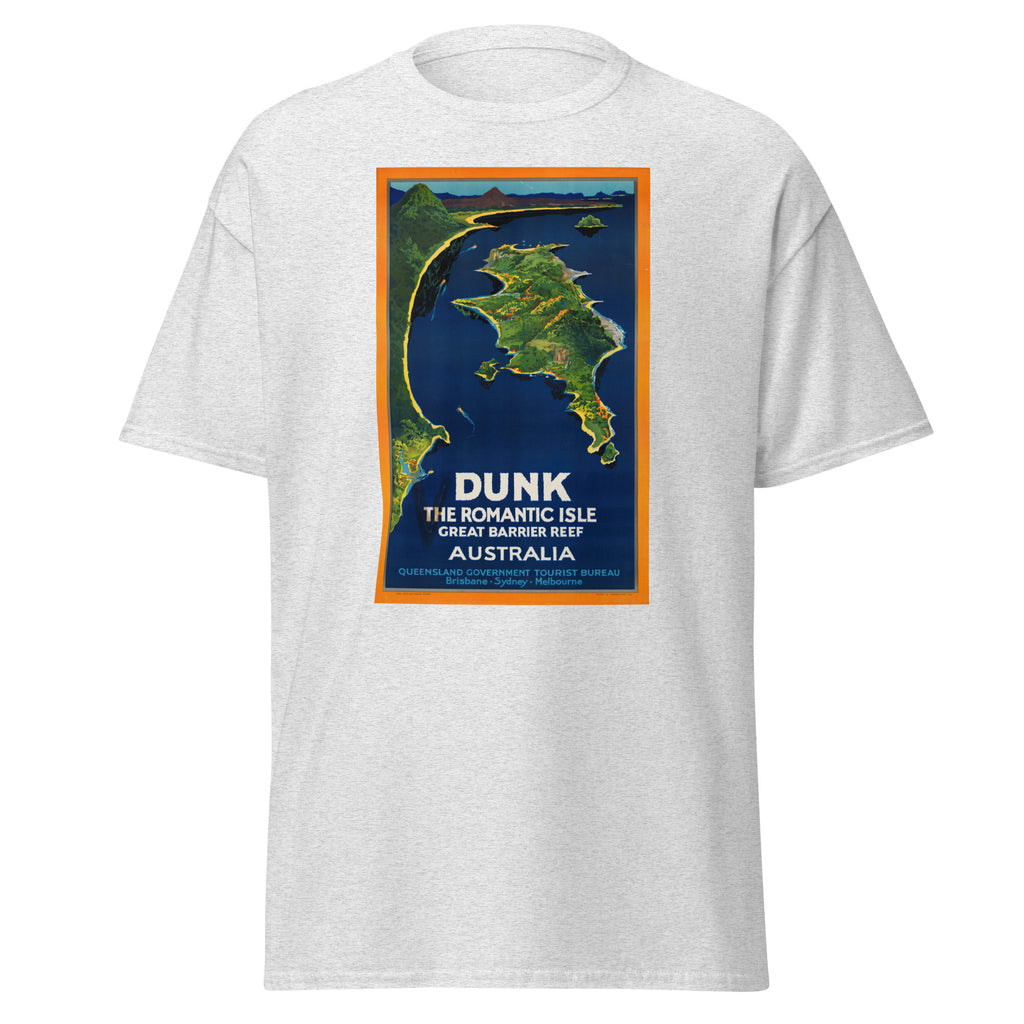 Unisex heather gray t-shirt featuring vintage Dunk Island Vintage poster artwork printed across the front