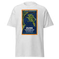 Unisex heather gray t-shirt featuring vintage Dunk Island Vintage poster artwork printed across the front