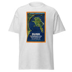 Unisex heather gray t-shirt featuring vintage Dunk Island Vintage poster artwork printed across the front