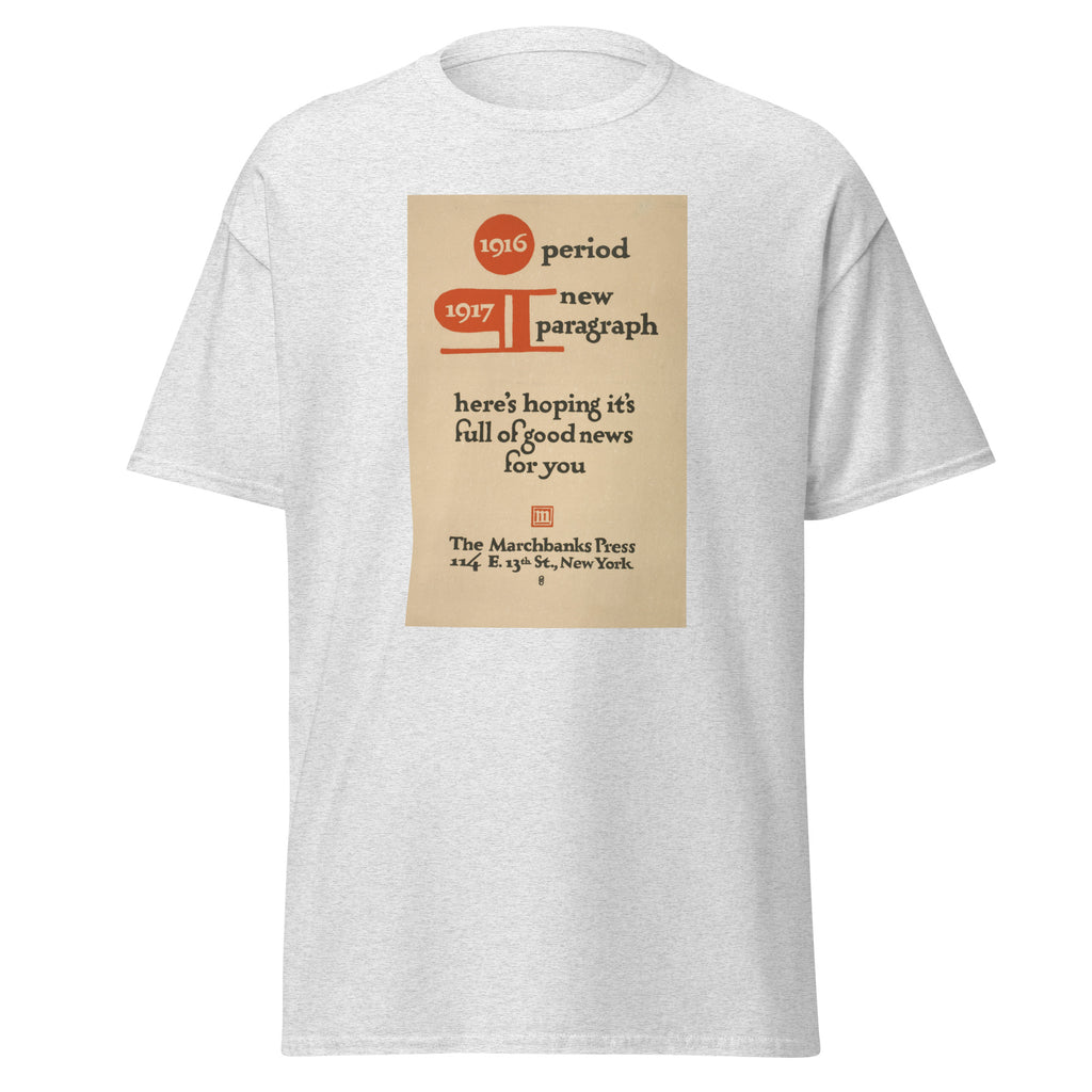 Unisex black t-shirt featuring vintage New Year poster artwork printed across the front