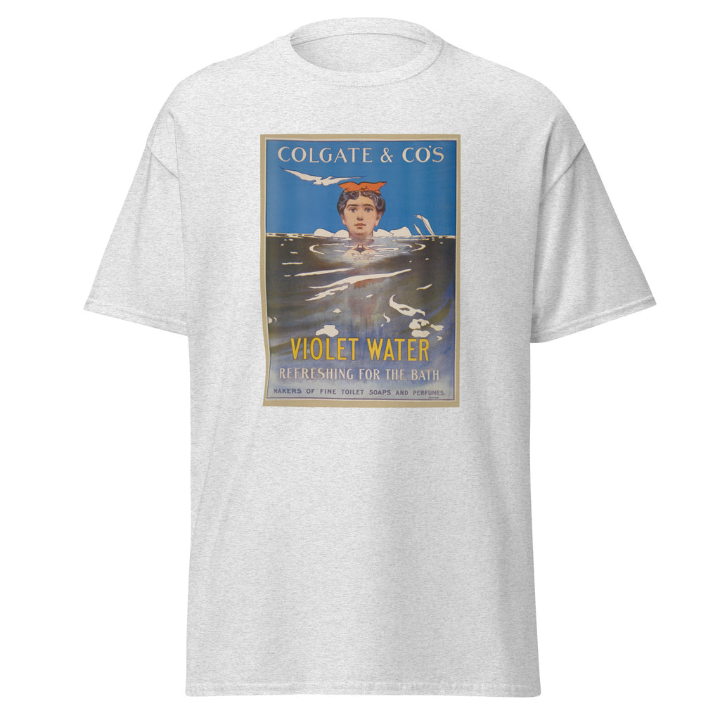 Unisex heather gray t-shirt featuring vintage Colgate Violet Water poster artwork printed across the front