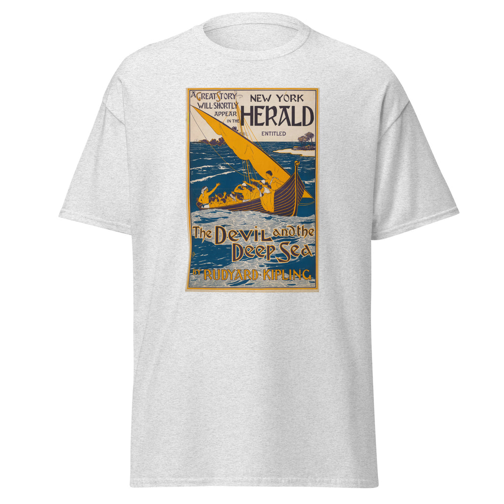 Unisex black t-shirt featuring vintage Rudyard Kipling poster artwork printed across the front