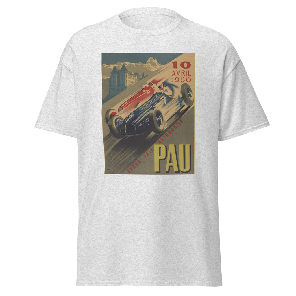Unisex heather gray t-shirt featuring Grand Prix event graphic printed across the front chest