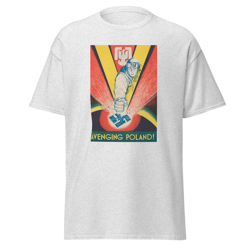 Unisex heather gray t-shirt featuring vintage Avenging Poland poster artwork printed across the front