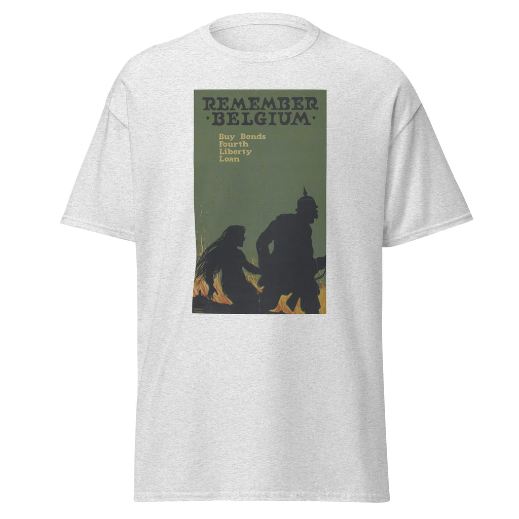 Unisex heather gray t-shirt featuring vintage Remember Belgium poster artwork printed across the front