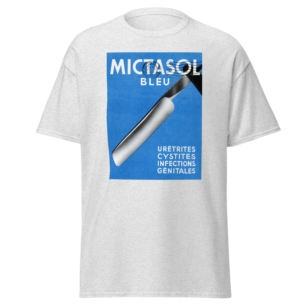 Unisex heather gray t-shirt featuring vintage Mictasol poster artwork printed across the front