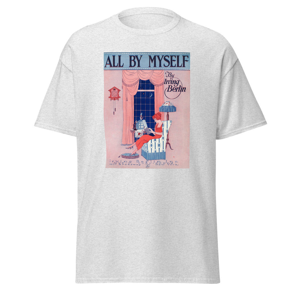 Unisex heather gray t-shirt featuring vintage All by Myself poster artwork printed across the front