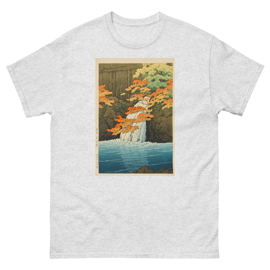 Unisex classic tee featuring Kawase Hasui's woodblock print of Ajame Senju Taki waterfall