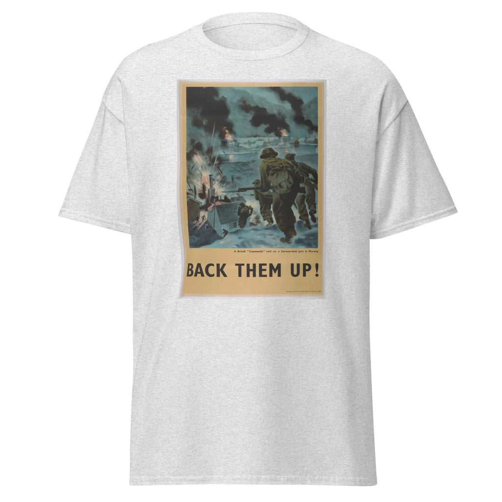 Unisex black t-shirt featuring vintage Back Them Up poster artwork printed across the front
