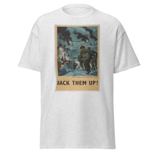 Unisex black t-shirt featuring vintage Back Them Up poster artwork printed across the front