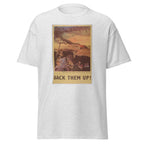 Unisex heather gray t-shirt featuring vintage Back Them Up poster artwork printed across the front