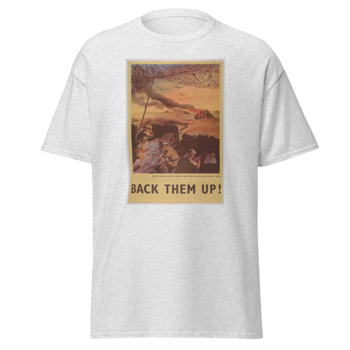 Unisex heather gray t-shirt featuring vintage Back Them Up poster artwork printed across the front